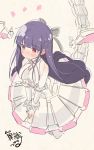  asagami_fujino bangs blunt_bangs blush commentary_request cosplay detached_wings dress elizabeth_bathory_(fate)_(all) fate/grand_order fate_(series) hands_together hime_cut ishiki_(okota) kara_no_kyoukai long_hair mecha_eli-chan mecha_eli-chan_(cosplay) purple_hair red_eyes sidelocks signature straight_hair tail wings 