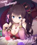  :3 beaker blue_eyes book breasts brown_hair character_doll character_name cleavage commentary_request dated hair_ribbon happy_birthday ichinose_shiki idolmaster idolmaster_cinderella_girls lamia large_breasts long_hair lying monster_girl on_stomach qixi_cui_xing ribbon solo two_side_up wavy_hair 
