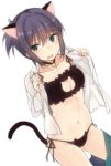  animal_ears ass_visible_through_thighs bell bell_choker black_bra black_choker black_panties blue_eyes blush bra breasts cat_ears cat_lingerie cat_tail choker cleavage commentary copyright_request cowboy_shot dutch_angle embarrassed eyebrows_visible_through_hair fang green_skirt jingle_bell looking_at_viewer medium_breasts meme_attire nagami_yuu navel open_clothes open_shirt panties parted_lips pleated_skirt ponytail purple_hair shirt short_hair simple_background skirt solo standing tail underwear undressing white_background white_shirt 
