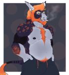  2018 anthro blue_eyes body_hair chest_hair clothed clothing donkey equine hair hybrid inkrend male mammal musclegut muscular muscular_male nipples orange_hair pubes slightly_chubby smoking solo teeth topless 