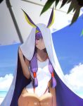  animal_ears blue_sky blurry breasts competition_swimsuit covered_navel dark_skin day depth_of_field eyebrows_visible_through_hair facial_mark fate/grand_order fate_(series) hair_over_breasts hair_tubes hairband hood hoodie large_breasts long_hair looking_at_viewer narcolepsy-1900 nitocris_(fate/grand_order) nitocris_(swimsuit_assassin)_(fate) one-piece_swimsuit outdoors parted_lips purple_eyes purple_hair sidelocks sitting sky smile solo swimsuit weibo_username white_swimsuit 
