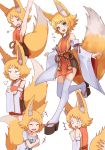  1girl :3 animal_ears aqua_eyes armpits blonde_hair blush detached_sleeves fang fox_ears fox_girl fox_tail highres japanese_clothes off_shoulder okitsugu one_eye_closed original partially_translated short_hair sidelocks tail tail_grab thick_eyebrows thighhighs translation_request white_background 