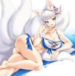  animal_ears ass azur_lane bare_legs bikini blue_bikini blue_eyes blush breasts cleavage cross-laced_clothes fangs fox_ears fox_mask fox_tail heart heart-shaped_pupils highres kaga_(azur_lane) kitsune kure_masahiro large_breasts looking_at_viewer lying mask mask_on_head multiple_tails navel on_side open_mouth scrunchie short_hair simple_background smile solo swimsuit symbol-shaped_pupils tail white_background white_hair white_scrunchie wrist_scrunchie 
