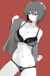  ass_visible_through_thighs bare_shoulders blush bra breasts cleavage collarbone collared_shirt cowboy_shot eyebrows_visible_through_hair frown girls_und_panzer greyscale hair_between_eyes highres lace lace-trimmed_bra large_breasts long_sleeves monochrome muteki_soda navel nishizumi_maho off_shoulder open_clothes open_shirt panties red_background shirt short_hair simple_background skindentation solo spot_color strap_gap sweat sweatdrop underwear undressing 