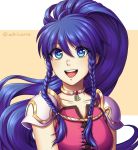  :d adricarra blue_eyes blue_hair braid choker commentary_request dark_blue_hair eyebrows_visible_through_hair fire_emblem fire_emblem:_seima_no_kouseki highres lace-up_top long_hair open_mouth pauldrons ponytail smile solo tan_background tana teeth twin_braids twitter_username two-tone_background white_background 