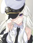  azur_lane bangs bare_shoulders black_neckwear blush breasts closed_mouth commentary_request enterprise_(azur_lane) eyebrows_visible_through_hair hand_on_headwear hat hat_tip highres insignia joker_(tomakin524) large_breasts long_hair long_sleeves looking_at_viewer necktie off_shoulder one_eye_covered peaked_cap purple_eyes shirt sidelocks silver_hair sleeveless sleeveless_shirt smile solo sparkle very_long_hair 