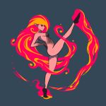  akairiot breasts brenna_(akairiot) dancing eyelashes fiery_hair fire from_side full_body grey_background hand_on_back leg_up long_hair medium_breasts nude original pointy_ears red_eyes red_skin simple_background smile smirk solo yellow_sclera 