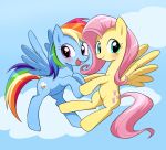  2016 blue_background blue_feathers blush cloud cute cutie_mark duo equine eyelashes feathered_wings feathers female female/female feral fluttershy_(mlp) flying friendship_is_magic hair hand_holding happy hi_res hooves looking_at_viewer mammal multicolored_hair my_little_pony nude open_mouth open_smile outside pegasus pink_hair purple_eyes rainbow_dash_(mlp) rainbow_hair ryuu_chan simple_background sky smile teal_eyes tongue wings yellow_feathers 