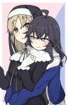  ahoge bangs black_hair blue_cardigan blue_eyes blush braid brown_eyes cardigan commentary eyebrows_visible_through_hair gloves grey_skirt habit head_on_another's_shoulder hug hug_from_behind izumo_kasumi_(nijisanji) light_brown_hair long_hair looking_at_another mekakuri_(otacon250) multiple_girls nijisanji nun open_cardigan open_clothes open_mouth sailor_collar school_uniform sister_cleaire skirt smile virtual_youtuber wavy_hair white_gloves zipper zipper_pull_tab 