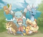  2016 ambiguous_gender ash blastoise cloud detailed_background dragonair eeveelution farfetch&#039;d flareon grass group kanannbo male nintendo open_mouth pok&eacute;mon pok&eacute;mon_(species) raichu sandslash sky smile video_games water 