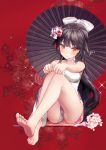  azur_lane bare_arms bare_legs bare_shoulders barefoot black_hair black_umbrella blush bow breasts brown_eyes china_dress chinese_clothes closed_mouth commentary_request dress feet fingernails floral_background flower gio_(maroon0924) hair_bow hair_flower hair_ornament large_breasts long_hair md5_mismatch oriental_umbrella pink_flower purple_flower red_background signature sitting sleeveless sleeveless_dress soles solo takao_(azur_lane) toenails umbrella very_long_hair white_bow white_dress 