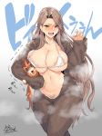  areola_slip areolae artist_name bikini blush breasts brown_eyes brown_hair collarbone covered_nipples earrings formal gradient gradient_background granblue_fantasy highres jewelry katalina_aryze large_areolae large_breasts long_hair looking_at_viewer micro_bikini navel obui open_mouth paw_pose pubic_hair smile solo suit swimsuit vee_(granblue_fantasy) white_bikini 