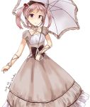  alternate_costume black_bow bow brown_dress dated dress frilled_umbrella hair_bobbles hair_bow hair_ornament highres kantai_collection light_blush lolita_fashion looking_at_viewer minase_(takaoka_nanase) pink_eyes pink_hair puffy_short_sleeves puffy_sleeves ribbon sazanami_(kantai_collection) short_hair short_sleeves simple_background solo twintails twitter_username white_background white_umbrella 