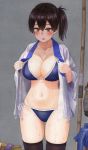  bikini bikini_under_clothes black_legwear blue_bikini blush bow_(weapon) breasts brown_eyes brown_hair collarbone commentary_request kaga_(kantai_collection) kantai_collection large_breasts navel open_clothes open_shirt parted_lips shijukara_(great_tit) side-tie_bikini side_ponytail skindentation solo sweat swimsuit thighhighs traditional_media undressing veiny_breasts watercolor_(medium) weapon 