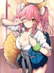  absurdres animal_ear_fluff animal_ears blush breasts cleavage clothes_around_waist collarbone fate/extella fate/extra fate/grand_order fate_(series) fox_ears fox_tail heart highres jacket_around_waist large_breasts long_hair looking_at_viewer mikan_(chipstar182) one_eye_closed pink_hair school_uniform shirt skirt smile solo tail tamamo_(fate)_(all) tamamo_jk_(fate) twintails unbuttoned yellow_eyes 