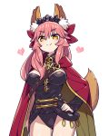  animal_ear_fluff animal_ears black_leotard bow cape chan_co closed_mouth commentary_request cosplay ereshkigal_(fate/grand_order) ereshkigal_(fate/grand_order)_(cosplay) eyebrows_visible_through_hair fate/grand_order fate_(series) fox_ears fox_girl gold_trim hair_between_eyes hair_bow hair_ornament leotard long_hair long_sleeves looking_at_viewer pink_hair pink_heart red_bow red_cape single_sleeve skull smile smug solo spine tail tamamo_(fate)_(all) tamamo_no_mae_(fate) thighs tiara yellow_eyes 