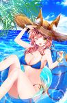 ;d animal_ear_fluff animal_ears bead_bracelet beads bikini blue_bikini blue_sky blush bracelet breasts cloud day ears_through_headwear fang fate/grand_order fate_(series) food fox_ears fox_tail hat highres jewelry looking_at_viewer medium_breasts miyo_(user_zdsp7735) navel ocean one_eye_closed open_mouth pink_hair popsicle salute side-tie_bikini sky smile solo straw_hat swimsuit tail tamamo_(fate)_(all) tamamo_no_mae_(swimsuit_lancer)_(fate) water wet yellow_eyes 