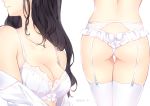  ass black_hair bow bra breasts cleavage collarbone frilled_panties frills garter_belt hazuki_natsu head_out_of_frame lace lace-trimmed_bra lingerie long_hair medium_breasts multiple_views open_clothes open_shirt original panties parted_lips shirt simple_background thigh_gap thighhighs twitter_username underwear white_background white_bow white_bra white_legwear white_panties white_shirt 