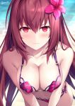  3: artist_name bangs bare_arms bare_shoulders beach bikini blurry blurry_background blush bokeh breasts cleavage closed_mouth collarbone commentary_request covered_nipples cowboy_shot day depth_of_field embarrassed eyebrows_visible_through_hair eyelashes fate/grand_order fate_(series) flower foreshortening hair_between_eyes hair_flower hair_intakes hair_ornament hibiscus highres large_breasts light_rays long_hair looking_at_viewer navel ocean outdoors pink_bikini purple_bikini purple_flower purple_hair red_eyes rin_yuu scathach_(fate)_(all) scathach_(swimsuit_assassin)_(fate) side-tie_bikini sidelocks signature solo standing stomach strap_gap sunlight sweatdrop swimsuit v-shaped_eyebrows v_arms very_long_hair water waves wavy_mouth wet wet_clothes wet_hair wet_swimsuit 