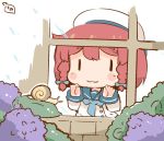  :3 blue_neckwear blue_ribbon blue_sailor_collar bob_cut braid bush chibi commentary_request etorofu_(kantai_collection) eyebrows_visible_through_hair flower hanomido hat hydrangea kantai_collection long_sleeves neckerchief red_hair ribbon sailor_collar sailor_hat school_uniform serafuku side_braid smile snail solo thick_eyebrows twin_braids white_hat window |_| 