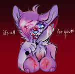  anthro blood canine female fur hair knife looking_at_viewer mammal nipples nude open_mouth pink_fur simple_background smile solo soushiies text weapon 