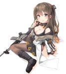  arm_support ass assault_rifle bangs black_dress black_footwear black_gloves boots breasts brown_hair brown_legwear cleavage cross-laced_footwear daewoo_k2 dress eyebrows_visible_through_hair fingerless_gloves girls_frontline gloves grey_eyes gun hair_between_eyes hair_ornament hairclip highres jacket k-2_(girls_frontline) lace-up_boots long_hair long_sleeves looking_at_viewer md5_mismatch medium_breasts ohshit open_clothes open_jacket panties panties_under_pantyhose pantyhose pleated_dress rifle sitting solo underwear very_long_hair wariza weapon white_background white_jacket 