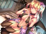  ;) black_legwear black_panties blonde_hair breasts cameltoe choker closed_mouth covered_nipples demon_girl demon_horns demon_tail dutch_angle finger_to_mouth flower garter_straps gradient_hair hair_flower hair_ornament highleg highleg_panties highres horns indoors large_breasts legs long_hair looking_at_viewer multicolored_hair naughty_face navel non-web_source on_bed one_eye_closed original panties pink_hair purple_eyes ryuki@maguro-ex skindentation smile solo succubus tail thighhighs thighs two_side_up underwear 