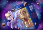  2018 blonde_hair blue_eyes brown_hair cute cutie_mark derp_eyes derpy_hooves_(mlp) doctor_who doctor_whooves_(mlp) duo earth_pony english_text equine eyebrows eyebrows_visible_through_hair eyelashes feathered_wings feathers female floating food friendship_is_magic grey_feathers hair hooves horse male mammal mouth_hold muffin my_little_pony nana-yuka necktie nude one_eye_closed open_mouth open_smile pegasus pony raised_leg smile space standing star tail_pull tardis teeth text tongue watermark wings yellow_eyes 