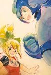  1boy 1girl bare_arms blonde_hair blue_eyes blue_gloves clenched_hand gloves green_bow green_eyes hair_bow hair_ornament helmet high_ponytail hood_down hoodie mota_cocotei open_mouth outstretched_arms ponytail rockman rockman_(character) rockman_(classic) rockman_11 roll sidelocks smile teeth traditional_media zipper_pull_tab 