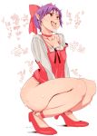  bow breasts choker cleavage collarbone dress fang full_body gegege_no_kitarou hair_bow high_heels highres implied_masturbation long_sleeves nekomusume pointy_ears purple_hair red_bow squatting strap_slip sweat text_focus tongue tongue_out torigoshi_crow translation_request 