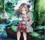  absurdres atelier_(series) atelier_firis boots brown_hair cup firis_mistlud gloves green_eyes hair_ornament highres huge_filesize long_hair nature official_art outdoors scan sitting skirt smile solo steam thighhighs yuugen 