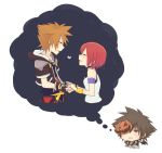  1girl breasts brown_hair commentary_request hood hoodie jewelry jyaco7777 kairi_(kingdom_hearts) kingdom_hearts kingdom_hearts_i kingdom_hearts_ii necklace red_hair short_hair sora_(kingdom_hearts) thought_bubble 