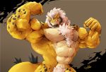  abs anthro biceps boris_(zhenelov) claws crotch_tuft dragon fist flexing fur hair half-length_portrait horn huge_muscles invalid_tag male muscular neck_tuft nude pecs portrait pubes showing_teeth simple_background solo spines teeth thick_tail tuft waddledox white_fur yellow_eyes yellow_skin 