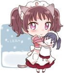  :&gt; animal_ears apron blue_hair blush brown_hair cat_ears cat_tail character_doll character_name chibi commentary_request doll full_body holding holding_doll izumi_kirifu kazuno_leah kazuno_sarah kemonomimi_mode looking_at_viewer love_live! love_live!_sunshine!! maid maid_headdress purple_eyes red_footwear red_skirt short_sleeves side_ponytail skirt smile snow snowing solo standing tail twintails waist_apron white_apron 