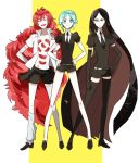  absurdly_long_hair androgynous black_eyes black_hair bort closed_eyes elbow_gloves frown full_body gem_uniform_(houseki_no_kuni) gloves green_eyes green_hair hands_on_hips houseki_no_kuni long_hair looking_at_viewer multiple_others necktie open_clothes open_mouth open_shirt padparadscha_(houseki_no_kuni) phosphophyllite red_hair short_hair shumiko_(kamenokoueki) smile thighhighs very_long_hair wavy_hair 