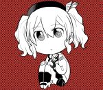  beret chibi closed_mouth collared_shirt commentary epaulettes eyebrows_visible_through_hair folded_leg full_body hair_between_eyes hat kantai_collection kashima_(kantai_collection) kneehighs long_hair looking_at_viewer maku-raku military military_jacket military_uniform pleated_skirt polka_dot polka_dot_background red_background rudder_shoes shirt sidelocks sitting skirt smile solo uniform wavy_hair 