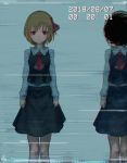  ascot black_skirt blonde_hair blouse cowboy_shot darkness dated empty_eyes feet_out_of_frame long_sleeves pixelated red_eyes red_neckwear roke_(taikodon) rumia short_hair skirt standing timestamp touhou vhs_artifacts white_blouse 