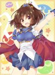  :d arle_nadja arm_up armor armored_dress blue_dress blue_skirt blush brown_eyes brown_hair cape commentary_request cowboy_shot dress looking_at_viewer madou_monogatari open_mouth ponytail puyo_(puyopuyo) puyopuyo red_cape rento_(rukeai) shirt short_hair skirt smile solo star starry_background white_shirt yellow_background 