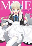  :d animal apron artist_name blonde_hair blue_eyes blue_neckwear blue_ribbon cat clenched_hand commentary_request cover cover_page doujin_cover dress earrings eyebrows_visible_through_hair hair_ribbon hazuki_natsu jewelry long_hair long_sleeves looking_at_viewer maid maid_headdress mole mole_under_eye nail_polish neck_ribbon open_mouth original pantyhose petting pink_background pink_nails ribbon smile solo v-shaped_eyebrows white_apron white_legwear 