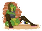  2018 alligator anthro balls brown_hair clothing crocodilian dr_zombie feet girly green_skin hair legwear male panties penis reptile russie scalie solo stockings underwear yellow_eyes 