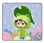  animal_hood artist_name brown_eyes brown_hair chibi commentary_request flower frog_hood hood hydrangea kaga_(kantai_collection) kantai_collection leaf leaf_umbrella minigirl open_mouth rain raincoat short_hair side_ponytail smile solo taisa_(kari) 