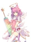  1girl :o animal_ears aqua_eyes bow cat_ears cat_tail character_request dress fang garter_straps halo heart heart_print large_syringe looking_at_viewer nurse open_mouth oversized_object pink_bow pink_dress pink_hair red_bow rento_(rukeai) shironeko_project short_dress short_hair sidelocks simple_background solo striped striped_bow syringe tail thighhighs twitter_username white_background white_bow white_dress white_legwear wings 