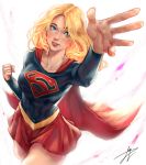  blonde_hair blue_eyes blush breasts cape clenched_hand collarbone commentary cropped_legs dc_comics highres long_hair looking_at_viewer multicolored multicolored_clothes parted_lips red_cape red_skirt skirt solo supergirl trung_doan white_background 
