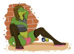  2018 alligator anthro balls brown_hair bulge clothing crocodilian dr_zombie feet girly green_skin hair legwear male panties reptile russie scalie solo stockings underwear yellow_eyes 