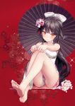  azur_lane bare_arms bare_legs bare_shoulders barefoot black_hair black_umbrella blush bow breasts brown_eyes china_dress chinese_clothes closed_mouth commentary dress feet fingernails floral_background flower gio_(maroon0924) hair_bow hair_flower hair_ornament large_breasts long_hair oriental_umbrella pink_flower purple_flower red_background revision signature sitting sleeveless sleeveless_dress soles solo takao_(azur_lane) toenails umbrella very_long_hair white_bow white_dress 