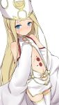  abigail_williams_(fate/grand_order) bangs bare_shoulders blonde_hair blue_eyes blush closed_mouth commentary_request cosplay detached_sleeves dress dress_of_heaven dutch_angle fate/grand_order fate_(series) hat highres irisviel_von_einzbern irisviel_von_einzbern_(caster) irisviel_von_einzbern_(caster)_(cosplay) long_hair long_sleeves looking_at_viewer navel parted_bangs short_dress simple_background sleeveless sleeveless_dress sleeves_past_fingers sleeves_past_wrists solo thighhighs very_long_hair white_background white_dress white_hat white_legwear yakihebi 