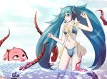  1girl beach bikini blush breasts eldibi green_eyes green_hair hair_ornament long_hair solo swimsuit tentacles twintails 