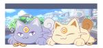  ^_^ alolan_form blue_sky building cat closed_eyes cloud cloudy_sky coin commentary creature day english_commentary highres kimarisgundam koonya looking_at_viewer lying no_humans on_stomach pokemon pokemon_(creature) pokemon_gsc_beta sky sleeping sparkle speech_bubble white_cat zzz 