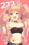  :d animal_ears arm_up bad_id bad_pixiv_id bangs bare_shoulders bell bell_collar breasts cat_ears claws cleavage collar collarbone crossed_bangs eyebrows_visible_through_hair fang gloves groin hair_ribbon half-closed_eye hand_up jingle_bell kano_hito medium_breasts navel number open_mouth orange_eyes orange_hair original outline paw_gloves paw_print paws pink_background red_collar ribbon smile solo star star_print strapless striped striped_ribbon tattoo tubetop twintails uneven_eyes white_outline 