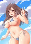  ako_suke arm_up armpits bangs bikini blue_bikini blue_bow blue_sky blush bow breasts brown_eyes brown_hair cloud cloudy_sky commentary_request cowboy_shot curvy day dutch_angle groin hair_bow highres idolmaster idolmaster_shiny_colors large_breasts long_hair looking_at_viewer micro_bikini navel open_mouth outdoors parted_bangs ponytail side-tie_bikini skindentation sky smile solo stomach sunlight swimsuit teeth tsukioka_kogane v wide_hips wide_ponytail 